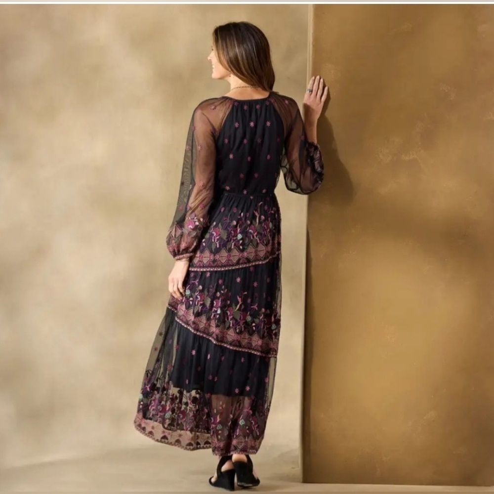 Sundance Soiree In Vienna Dress Black Sheer Embroidered Floral Maxi Boho Size PS - Picture 3 of 11